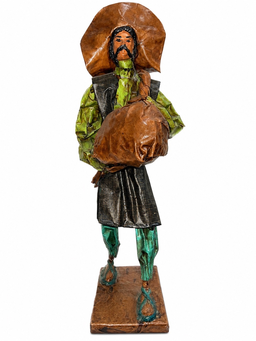 Mexican Paper Mache Rustic Figure Statue in Brown and Green
